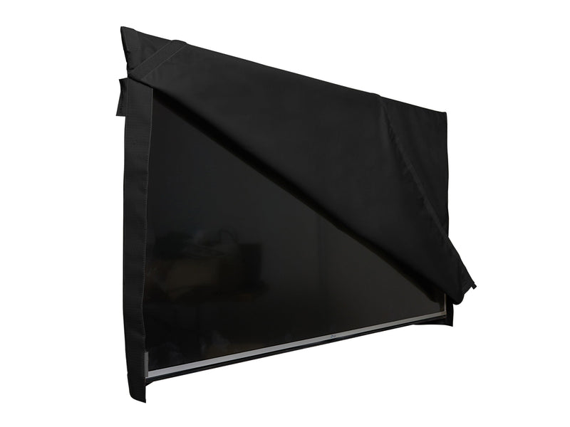 Schwarze Outdoor-TV-Abdeckung mit hochgeklappter Vorderseite und Rückseitentasche