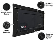Schwarze Halb-Abdeckung mit Ösen für einen Outdoor-Fernseher
