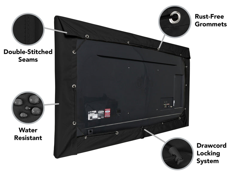 Schwarze Halb-Abdeckung mit Ösen für einen Outdoor-Fernseher