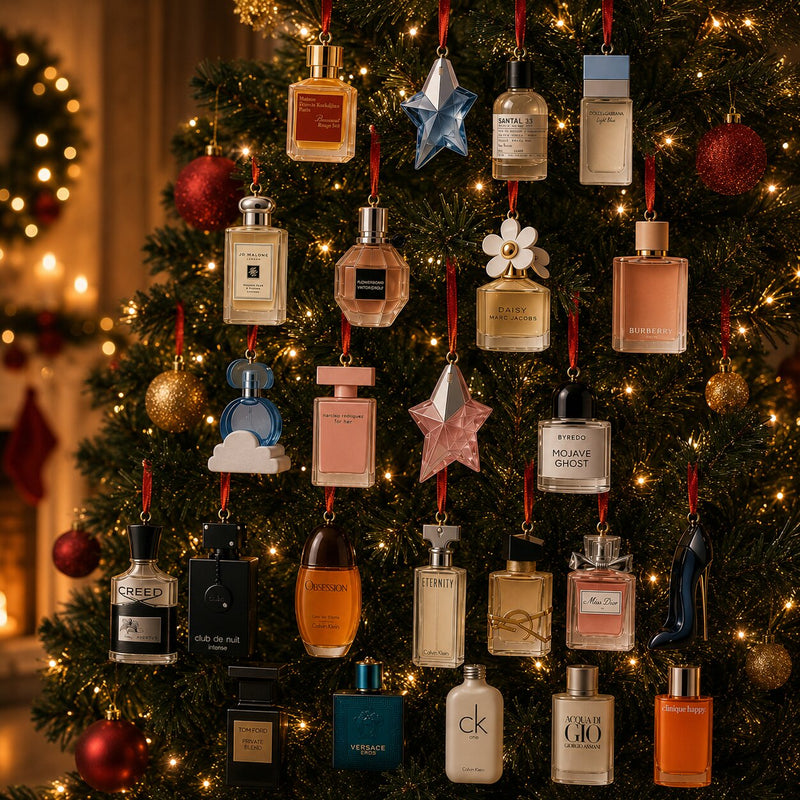 Rote buchähnliche Geschenkbox für einen Parfüm-Adventskalender mit goldfarbenen Ornamenten und Schneeflocken