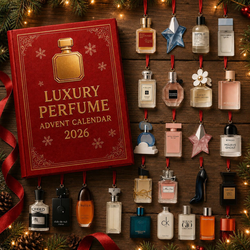 Rote buchähnliche Geschenkbox für einen Parfüm-Adventskalender mit goldfarbenen Ornamenten und Schneeflocken