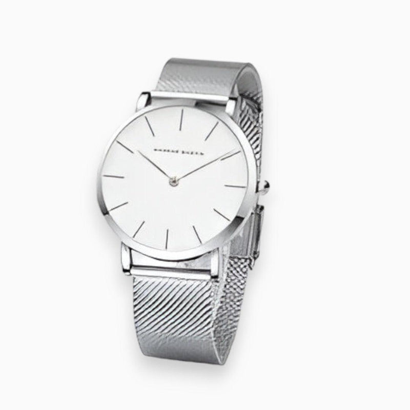 Analoge Armbanduhr mit rundem Zifferblatt und Metallgeflechtarmband