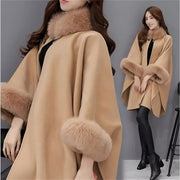 Eleganter Damen-Cape-Mantel mit Kunstfellbesatz