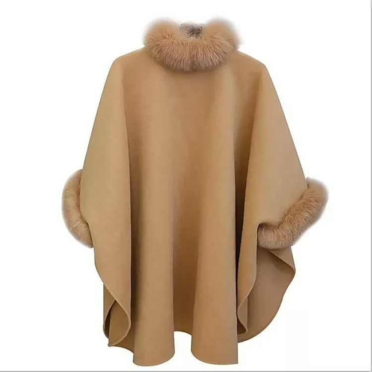 Eleganter Damen-Cape-Mantel mit Kunstfellbesatz