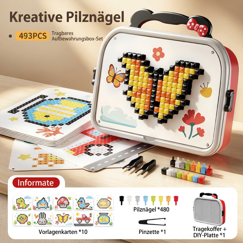 Steckspiel-Mosaik mit Pilznägeln im Koffer