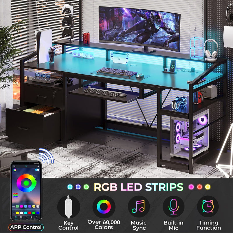 Schwarzer Gaming-Schreibtisch mit LED-Beleuchtung, Schubladen, Ablagen und Tastaturablage