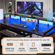 Schwarzer Gaming-Schreibtisch mit LED-Beleuchtung, Schubladen, Ablagen und Tastaturablage