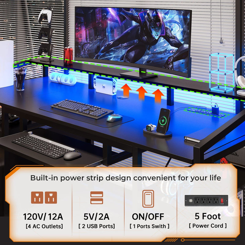 Schwarzer Gaming-Schreibtisch mit LED-Beleuchtung, Schubladen, Ablagen und Tastaturablage