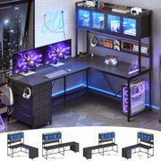 Schwarzer L-förmiger Gaming-Schreibtisch mit LED-Beleuchtung, Schubladen, Ablage und Lochwand