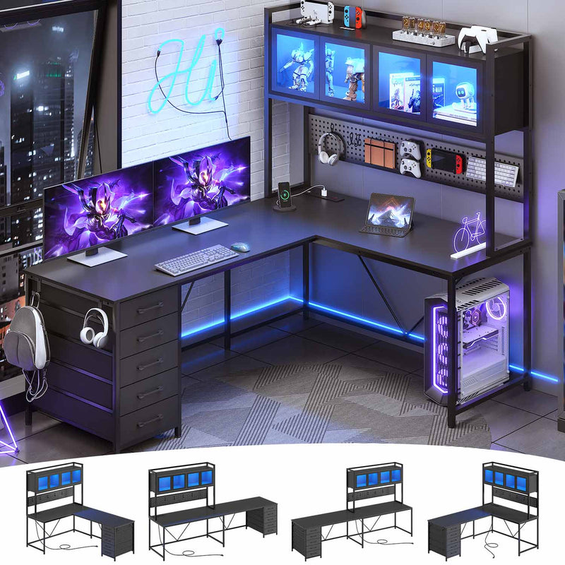 Schwarzer L-förmiger Gaming-Schreibtisch mit LED-Beleuchtung, Schubladen, Ablage und Lochwand