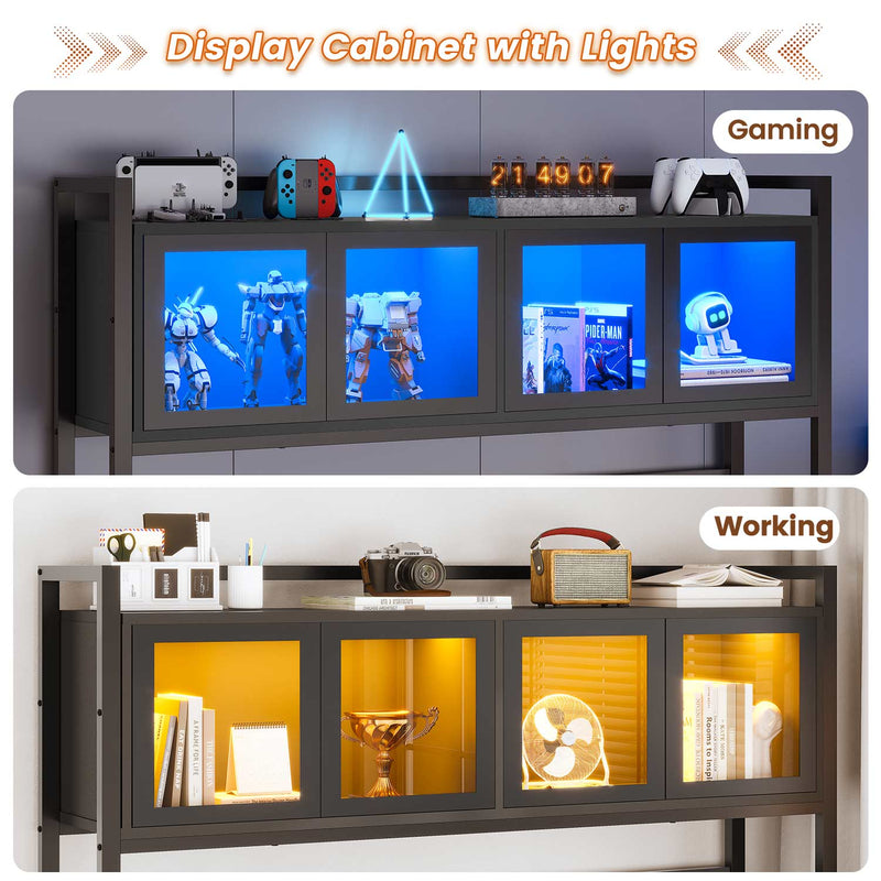 Schwarzer L-förmiger Gaming-Schreibtisch mit LED-Beleuchtung, Schubladen, Ablage und Lochwand