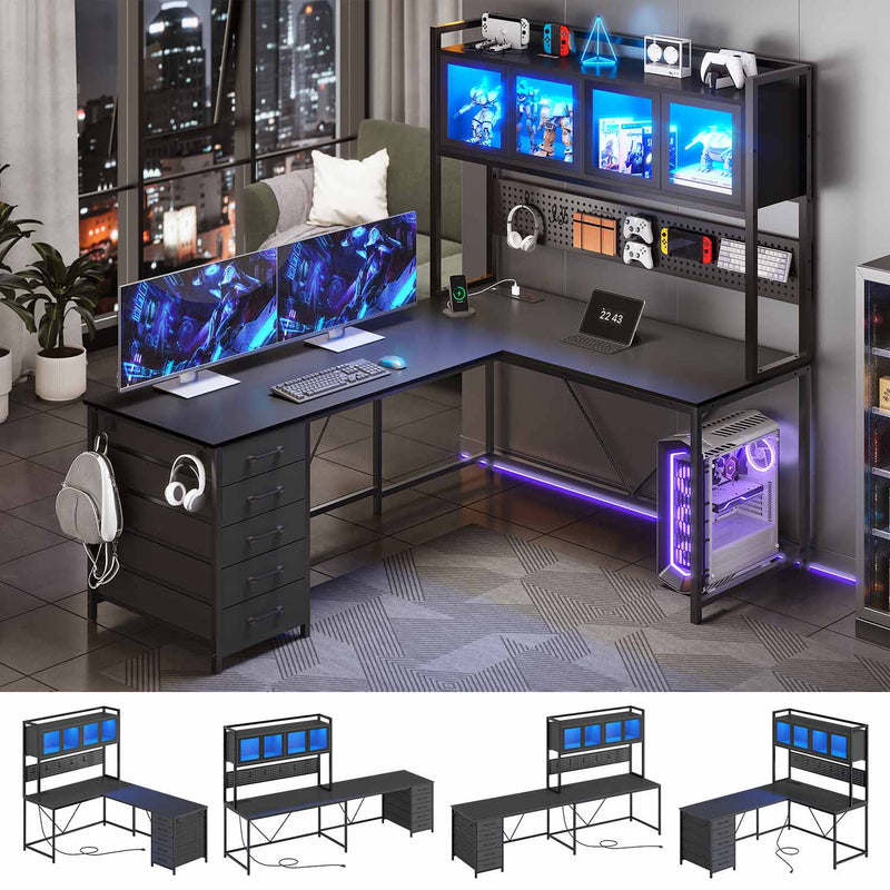 Schwarzer L-förmiger Gaming-Schreibtisch mit LED-Beleuchtung, Schubladen, Ablage und Lochwand