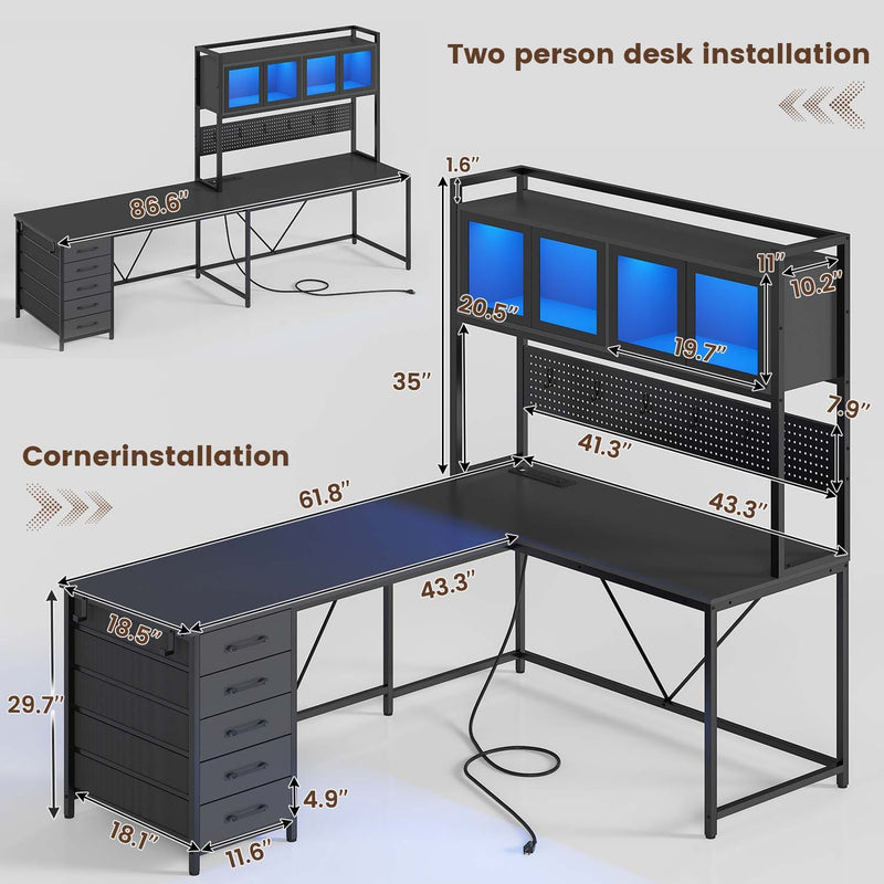 Schwarzer L-förmiger Gaming-Schreibtisch mit LED-Beleuchtung, Schubladen, Ablage und Lochwand