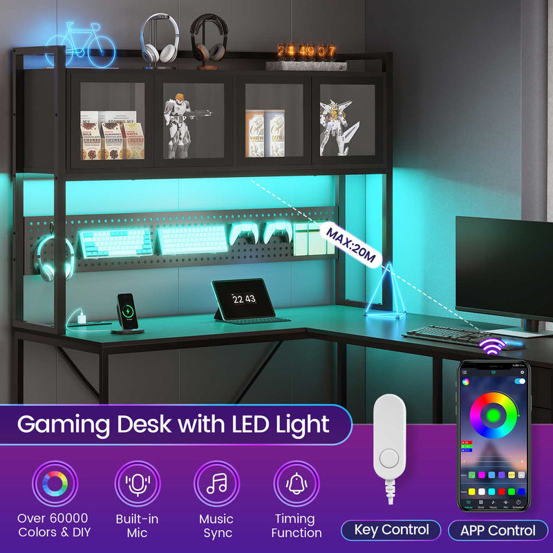 Schwarzer L-förmiger Gaming-Schreibtisch mit LED-Beleuchtung, Schubladen, Ablage und Lochwand