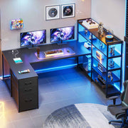 Schwarzer U-förmiger Gaming-Schreibtisch mit LED-Beleuchtung, Schubladen und Regalfächern