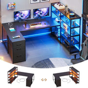 Schwarzer U-förmiger Gaming-Schreibtisch mit LED-Beleuchtung, Schubladen und Regalfächern