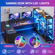 Schwarzer U-förmiger Gaming-Schreibtisch mit LED-Beleuchtung, Schubladen und Regalfächern