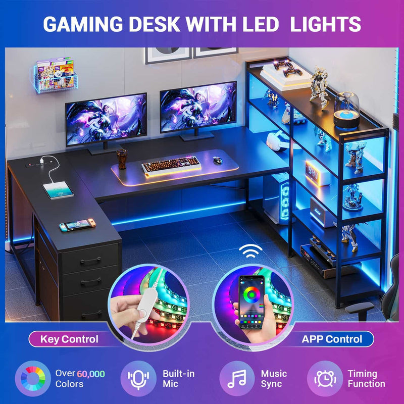 Schwarzer U-förmiger Gaming-Schreibtisch mit LED-Beleuchtung, Schubladen und Regalfächern
