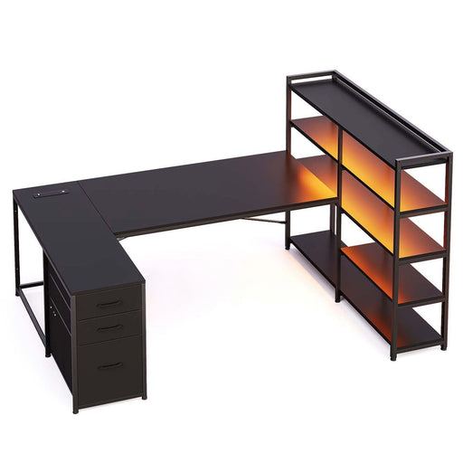 Schwarzer U-förmiger Gaming-Schreibtisch mit LED-Beleuchtung, Schubladen und Regalfächern