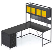 Schwarzer L-förmiger Gaming-Schreibtisch mit LED-Beleuchtung, Schubladen, Ablage und Lochwand
