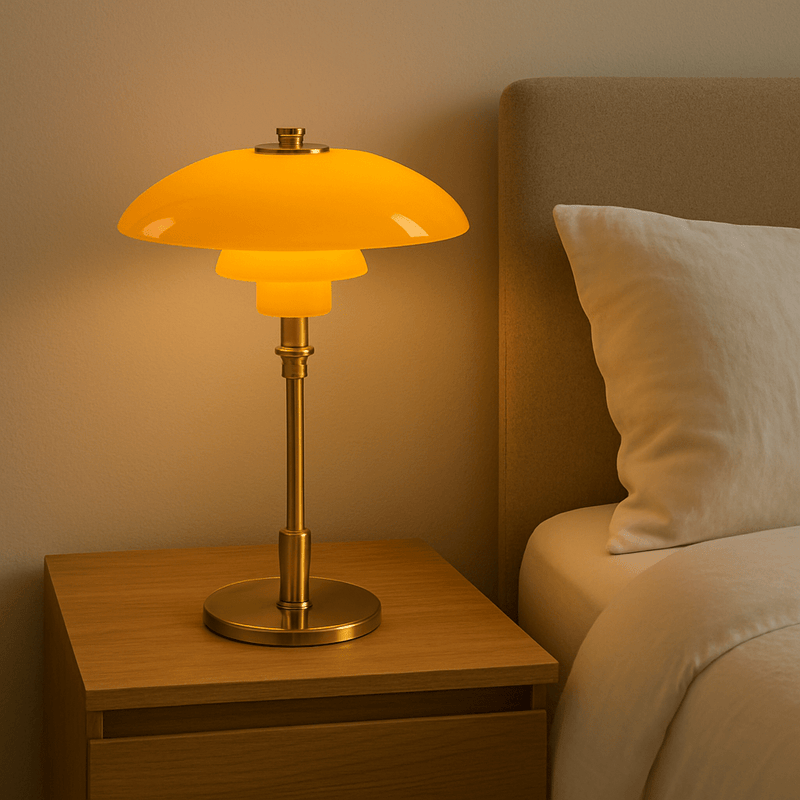 LED-Tischlampe mit mehrstufigem Schirm und schlankem Fuß