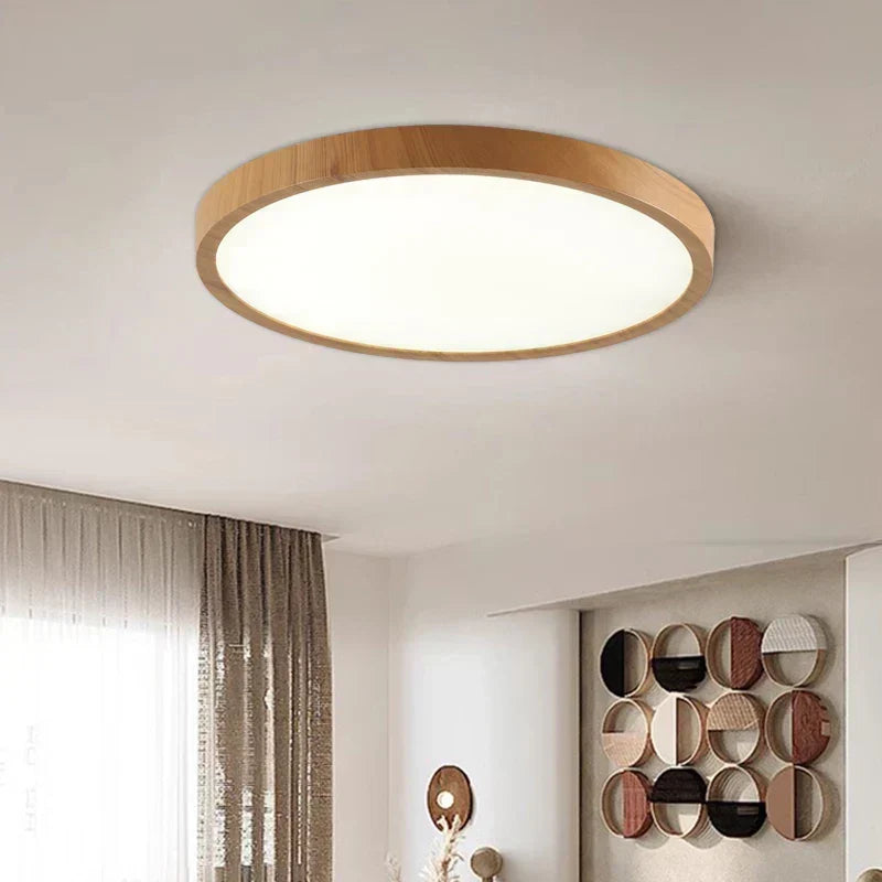 Ultraflache runde LED-Deckenleuchte mit Holzrand