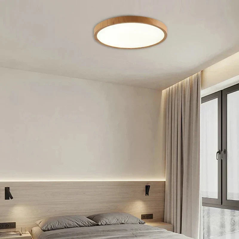 Ultraflache runde LED-Deckenleuchte mit Holzrand