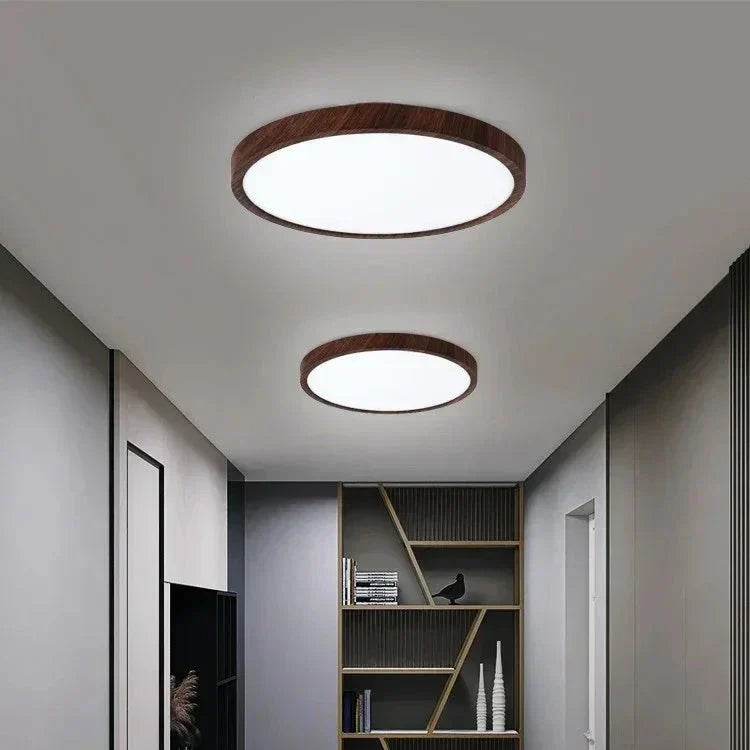 Ultraflache runde LED-Deckenleuchte mit Holzrand