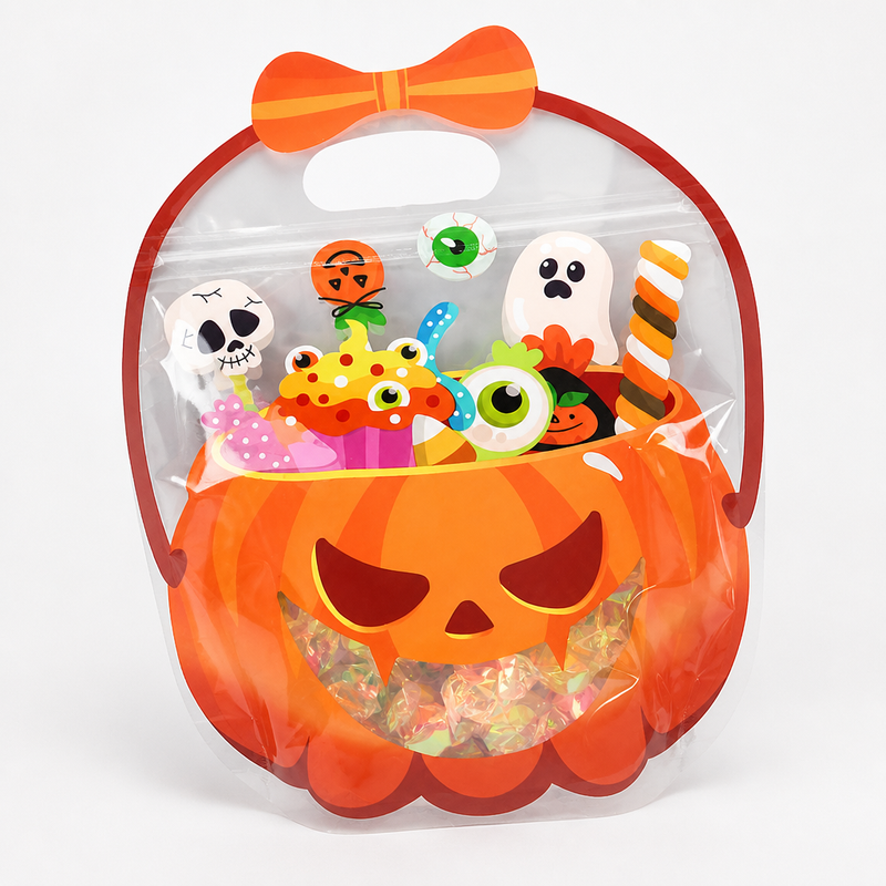 Halloween-Geschenktüten mit Reißverschluss, Griffen und dekorativen Kürbis- und Hexenkesselmotiven