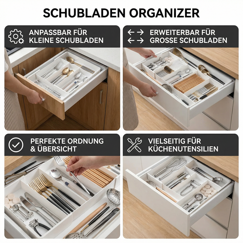 Weißer Besteck-Organizer mit mehreren Fächern in einer Küchenschublade