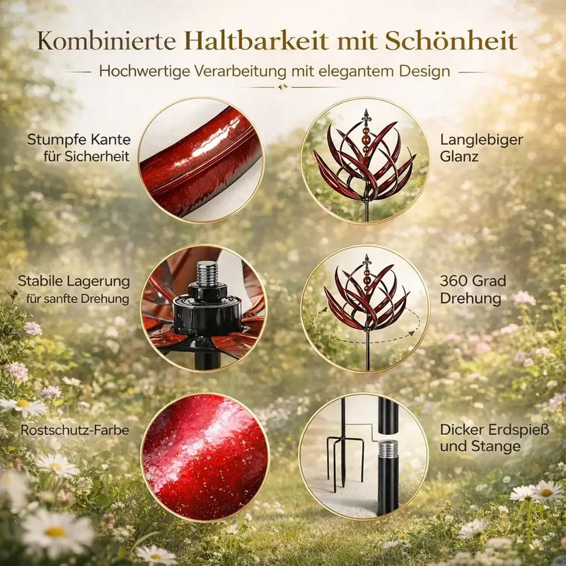 Dekoratives Windspiel in Blumenform mit geschwungenen Elementen und langem Stab im Garten