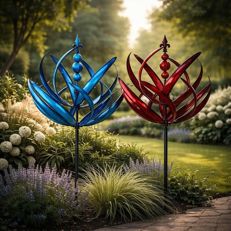 Dekoratives Windspiel in Blumenform mit geschwungenen Elementen und langem Stab im Garten