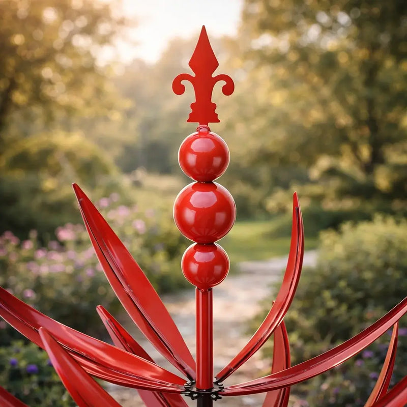 Dekoratives Windspiel in Blumenform mit geschwungenen Elementen und langem Stab im Garten