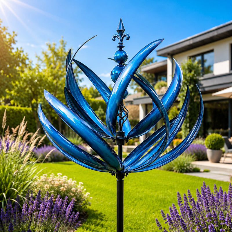 Dekoratives Windspiel in Blumenform mit geschwungenen Elementen und langem Stab im Garten