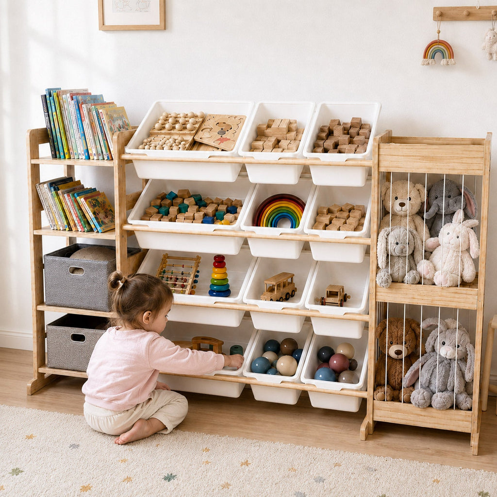 Spielzeugregal mit Boxen, Bücherfach und Netzfach